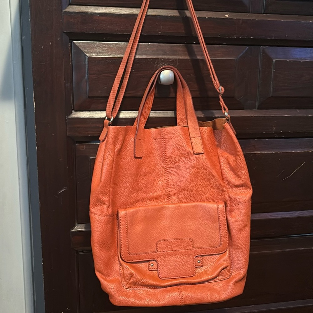 Orange cowhide leather tote